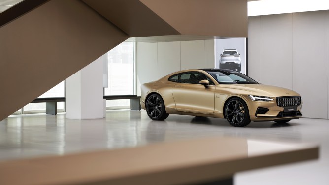 tan colored polestar EV on showroom floor