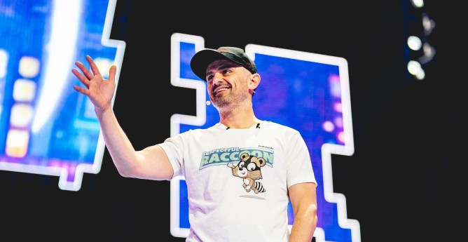 An image of Gary Vaynerchuk, creator of Vee Friends, on stage at an event