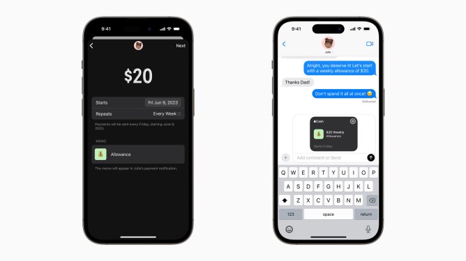 Apple Cash shown on two smartphone screens