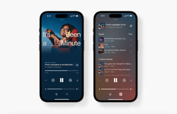 Two phone screens showing Apple's new Podcasts 'Now Playing' interface