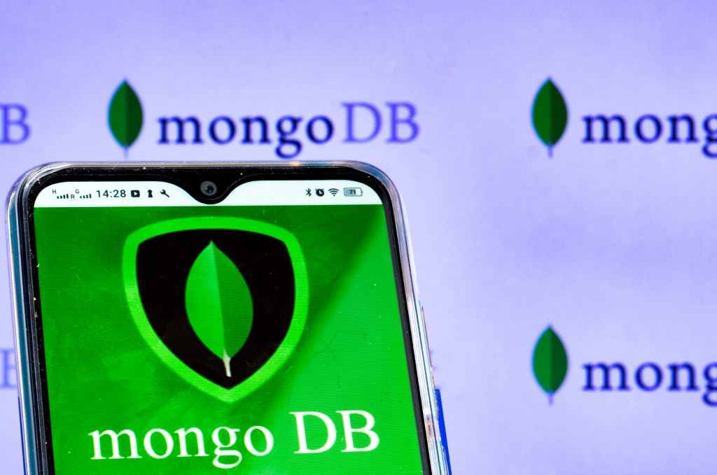 In this photo illustration, a MongoDB logo seen displayed on