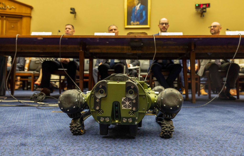 WASHINGTON, DC - JUNE 22: Gavin Kenneally, Chief Executive Officer at Ghost Robotics speaks as Vision 60 UGV walks in during a House hearing at the US Capitol on June 22, 2023 in Washington, DC. The House Committee on Oversight and Accountbility Subcommittee on Cybersecurity, Information Technology, and Government Innovation met to discuss the use of technology at the US Border, airports and military bases. (Photo by Tasos Katopodis/Getty Images)