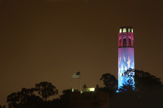 Coit Tower in San Francisco, CA uniquely lit up in the stars and stripes to celebrate the 4th of July!
