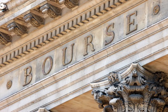 close up of the façade of the Paris Stock Exchange