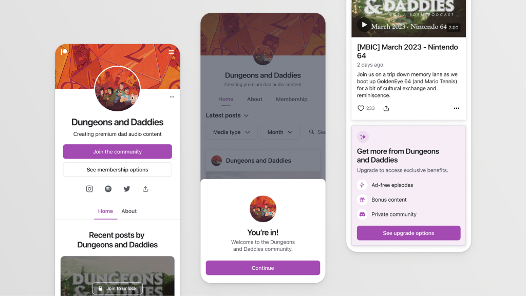 Patreon screens displayed on smartphones