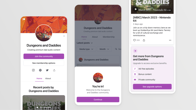 Patreon screens displayed on smartphones