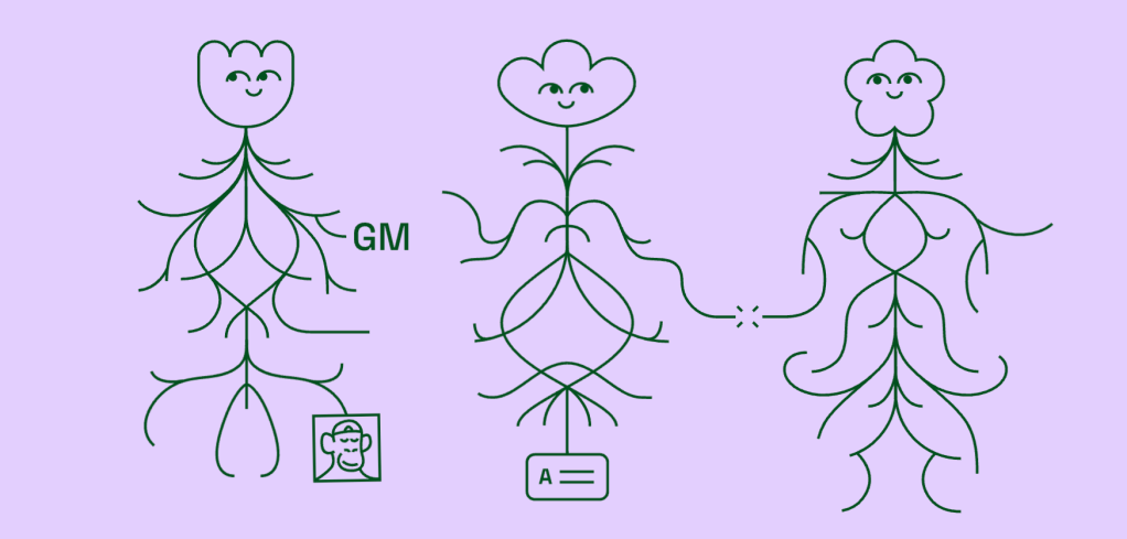 A screenshot of a purple backdrop with the Lens Protocol plants smiling upward with little icons around it