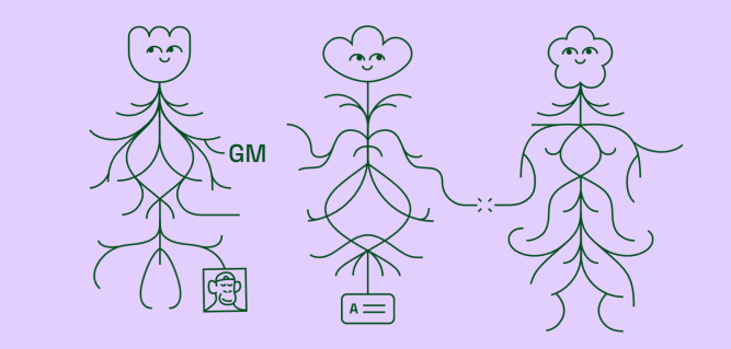 A screenshot of a purple backdrop with the Lens Protocol plants smiling upward with little icons around it