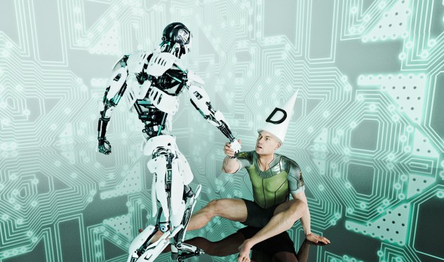 Robot helping up a human being wearing a dunce cap