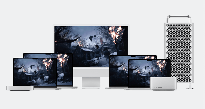 An image of an Apple iMac and several Macbooks displaying a game