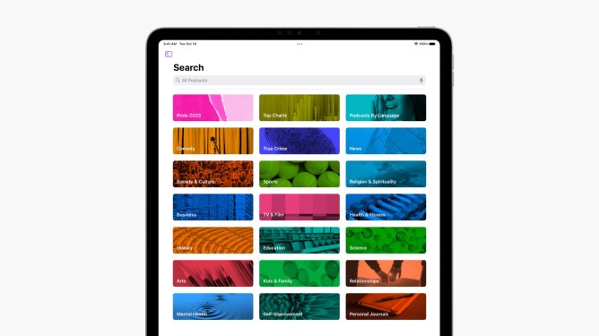 iPad screen featuring a grid of podcast categories