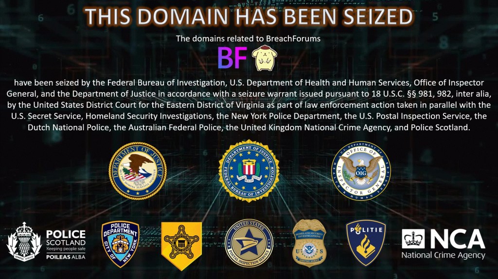 A screenshot of the U.S. authorities seizure notice on the original domain of BreachForums.