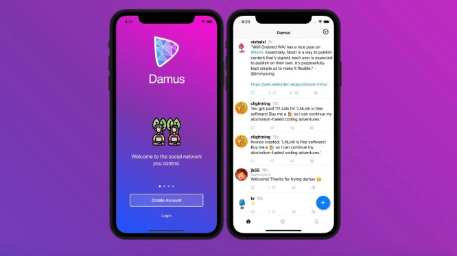 Damus app displayed on mobile phones