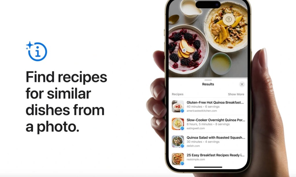 Text: Find recipes for similar dishes from a photo." A hand holds an iPhone with a photo of a dish