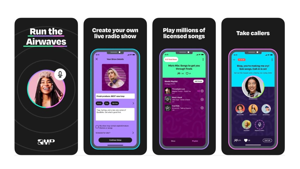 Four Amazon Amp phone screens