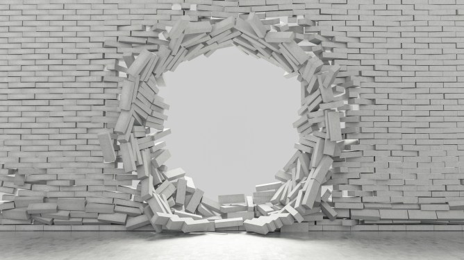 White Breaking Brick Wall. 3d Render