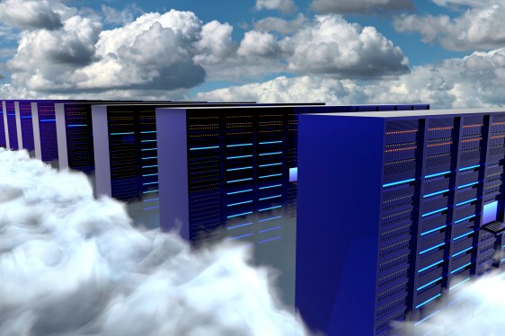Servers sitting on top of clouds to show a cloud data center concept.