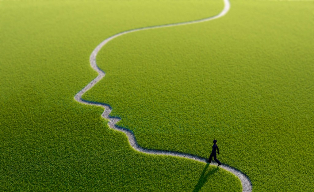 Human figure on a path in the shape of a face, computer artwork.