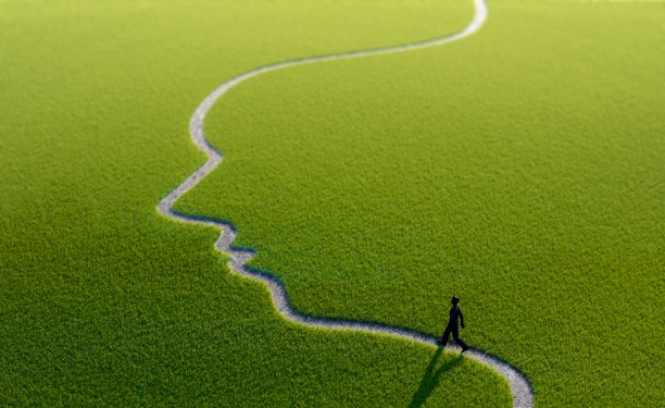 Human figure on a path in the shape of a face, computer artwork.