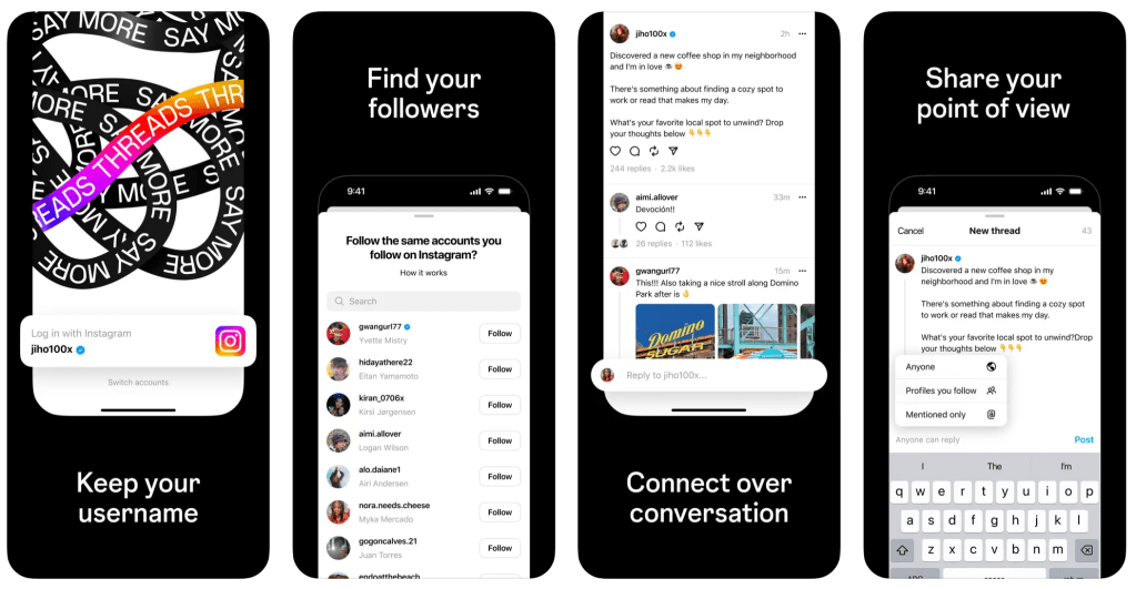 Threads displayed on 4 smartphones