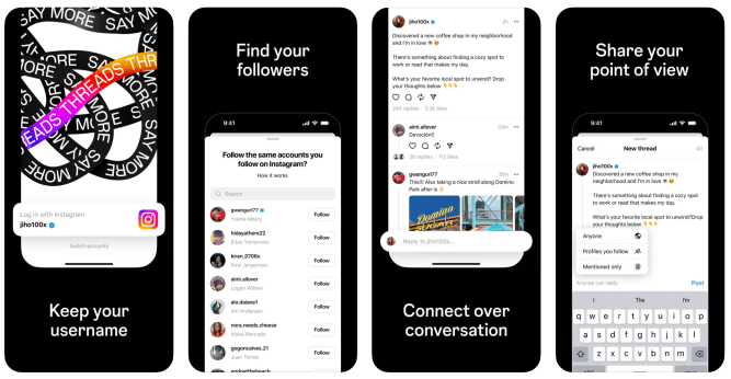 Threads displayed on 4 smartphones