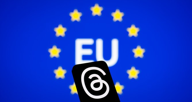 The EU flag is seen with the Instagram Threads app on a mobile device in this photo illustration.