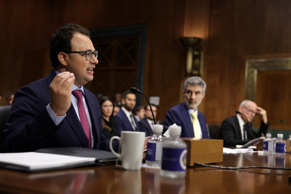 CEO of Anthropic Dario Amodei, founder, and scientific director of the Mila - Quebec AI Institute and professor at the Universite de Montreal Department of Computer Science Yoshua Bengio, and professor of computer science at the University of California, Berkeley, Stuart Russell testify during a hearing before the Privacy, Technology, and the Law Subcommittee of Senate Judiciary Committee at Dirksen Senate Office Building on Capitol Hill