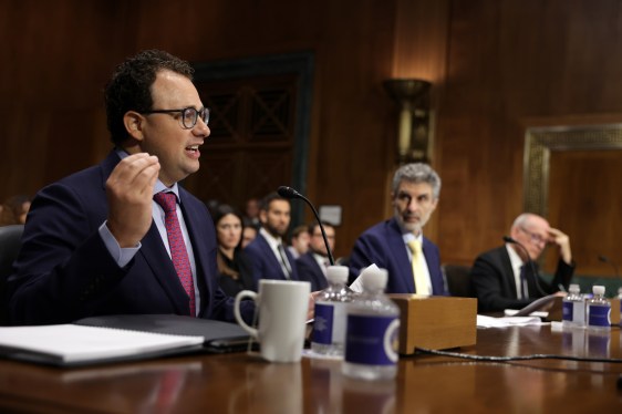 CEO of Anthropic Dario Amodei, founder, and scientific director of the Mila - Quebec AI Institute and professor at the Universite de Montreal Department of Computer Science Yoshua Bengio, and professor of computer science at the University of California, Berkeley, Stuart Russell testify during a hearing before the Privacy, Technology, and the Law Subcommittee of Senate Judiciary Committee at Dirksen Senate Office Building on Capitol Hill