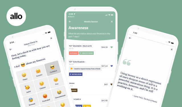 Three screenshots showcasing Allo's different features