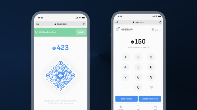 Beam app on 2 smartphone screens