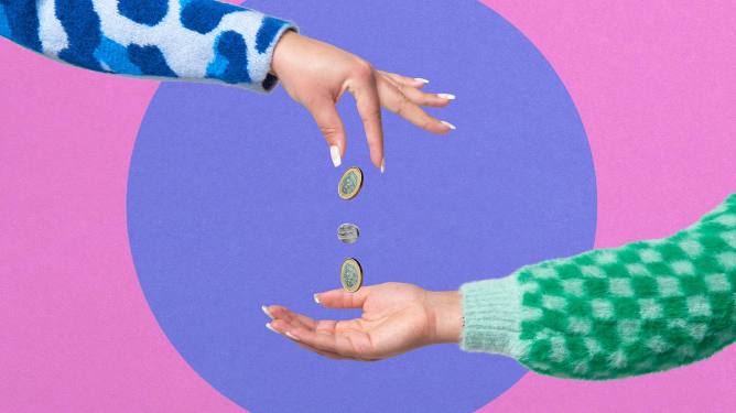 Collage image of hand dropping coins into another hand