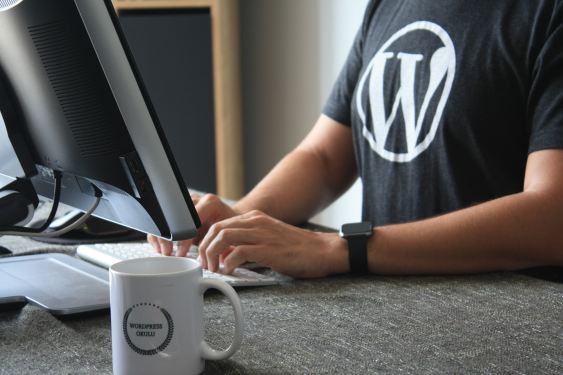A person sitting in front of a computer with a T-shirt that has the WordPress logo