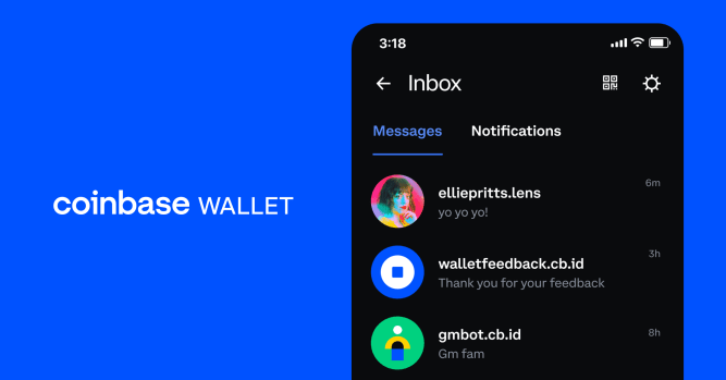 An image of a blue background with the words Coinbase Wallet and an image of an iPhone Coinbase Wallet inbox messages