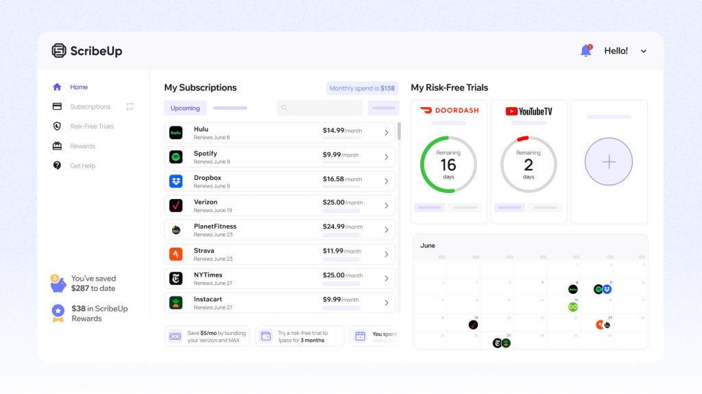 ScribeUp, subscription management