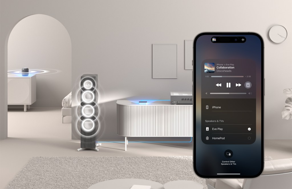 A rendering of the Eve Play streaming box connected to a stereo system with an iPhone showing the audio output screen.