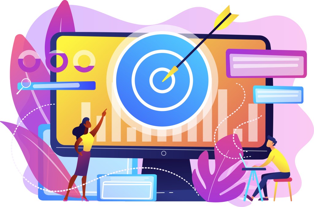 Illustration of woman pointing at large computer screen with target in the middle to illustrate targeted marketing.