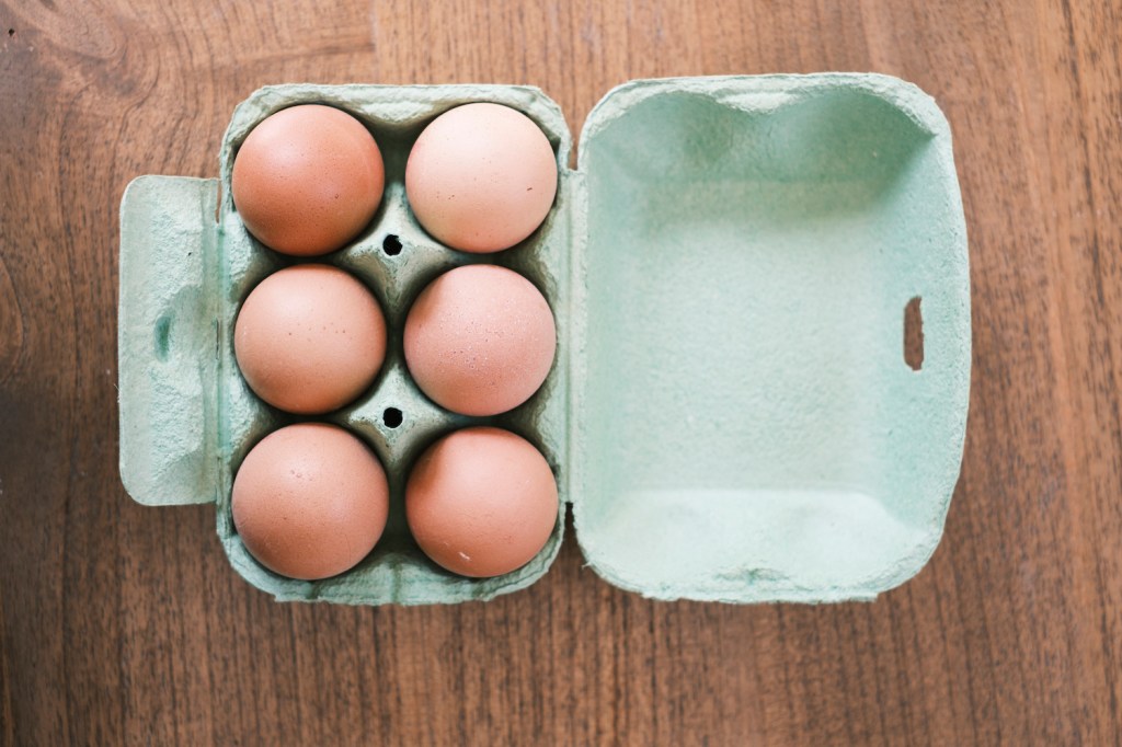 View from above of six eggs with natural light