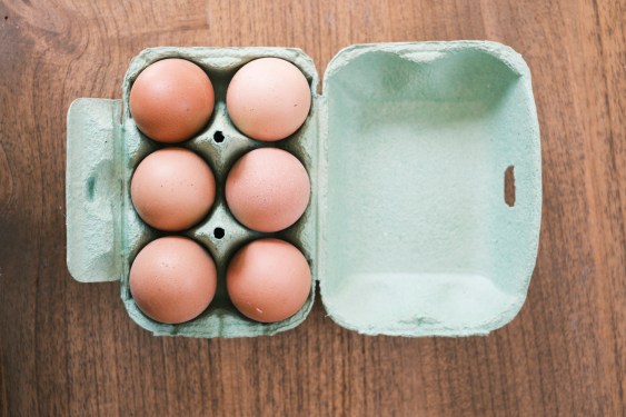 View from above of six eggs with natural light