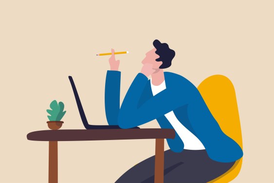 concept illustration of sleepy businessman office worker hand on chin bored sitting low energy on his working desk.