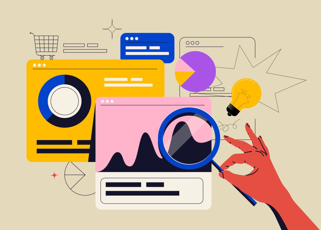 Illustration of hand holding magnifying glass over data, to illustrate scraping data from a website.