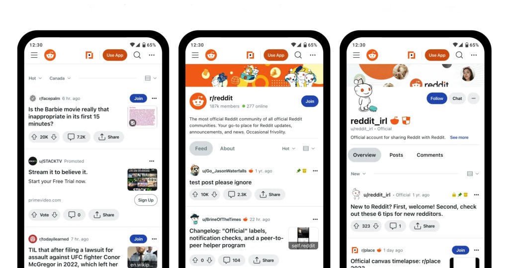 Reddit mobile displayed on 3 smartphone screens
