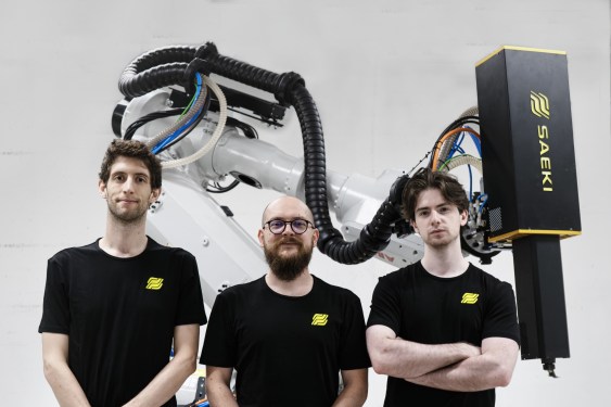 SAEKI founders Oliver Harley, Matthias Leschok and Andrea Perissinotto pictured with one of their robotic microfactories