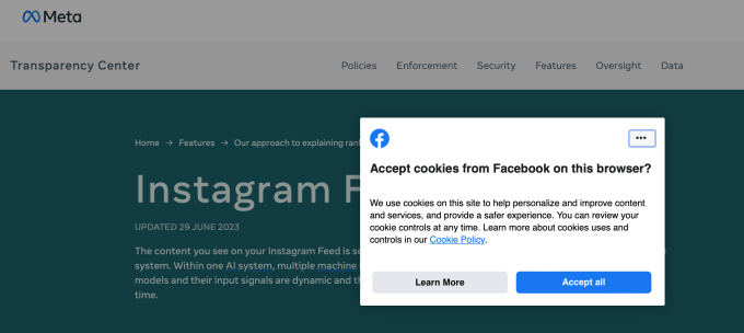 Meta Transparency Center cookie tracking pop-up