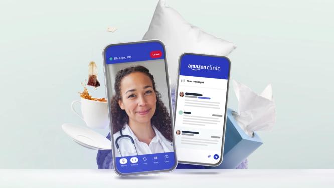 Two screenshots showing Amazon's Clinic service
