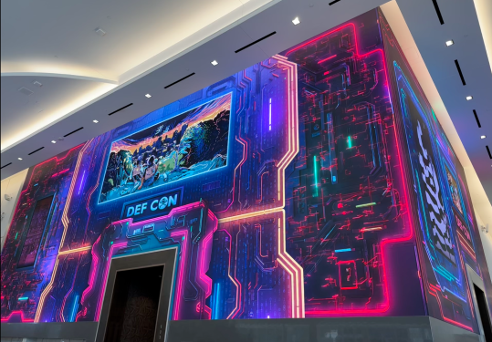 A large screen at the 2023 Def Con hacking conference in Las Vegas.