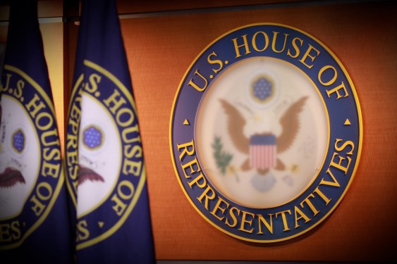 The logo of U.S. House Of Representatives is seen ahead of the press conference of U.S. Speaker of the House Nancy Pelosi in Washington DC