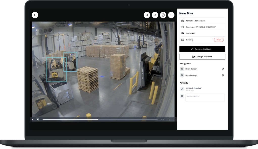 Laptop displaying an image of a workplace accident almost happening, used in post about Voxel's computer vision for workplace safety