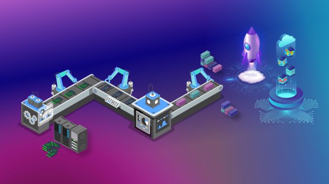 An assembly line visual metaphor for data moving from servers to containers and cloud infrastructure