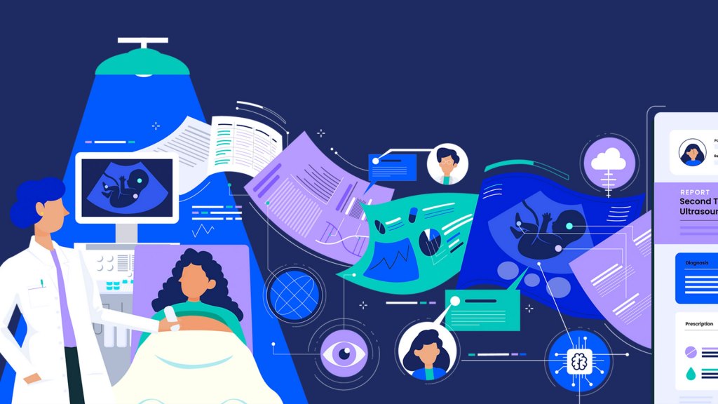 BioticsAI illustration of doctor and pregnant mother, documents and data flowing from machinery to the app