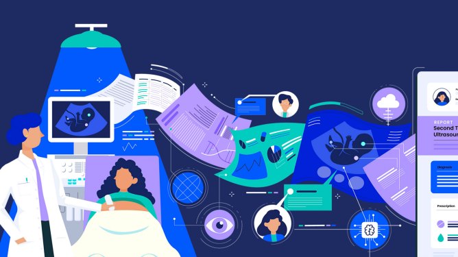 BioticsAI illustration of doctor and pregnant mother, documents and data flowing from machinery to the app